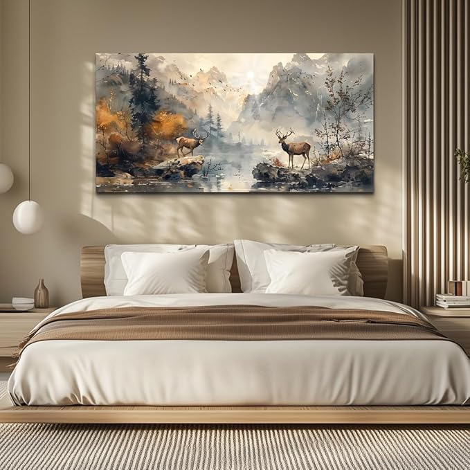 KELIYUAN Framed Canvas Wall Art Decor Living Room Large Wall Decorations For Office Mountain Landscape Ink Painting Abstract Pictures Bedroom Wall Decor Artwork Room Mural Home Decor 24x48 In