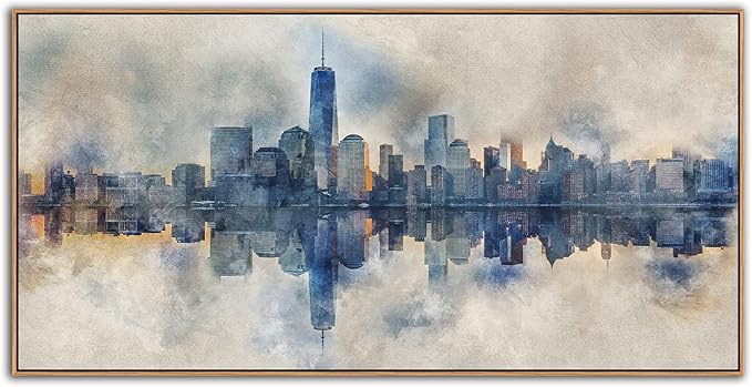 NYC Framed Canvas Wall Art Abstract Painting Wall Decor Indigo Blue Gray Panoramic Art Print New York Skyline Reflection Pictures Artwork Modern City Landscape Living Room Bedroom Decoration 24" x 48"