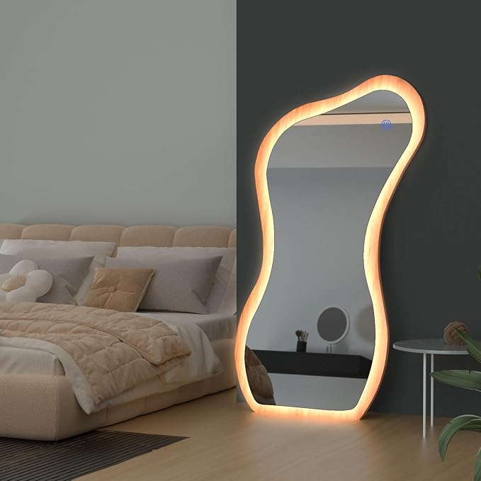 48" x 24" Irregular Led Wood Full Length Mirror with Lights Wavy Floor Mirror,Shatter-Proof Hanging/Leaning Irregular Asymmetrical Wall Mirror Wooden Framed Mirrors for Living Room Bedroom Entryway