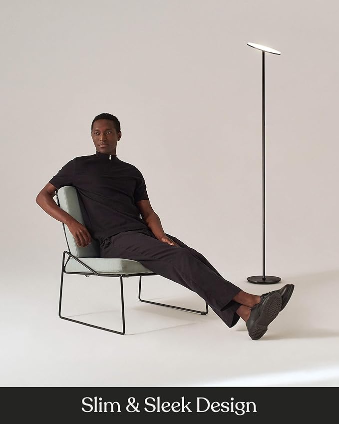 Brightech Sky LED Floor lamp, Torchiere Super Bright Floor Lamp for Living Rooms & Offices - Dimmable, Tall Standing Lamp for Bedroom Reading - Black Chrome