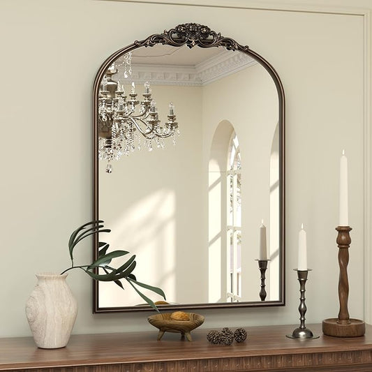 Keonjinn Vintage Mirror for Wall, 24" x 36" Bronze Antique Mirrors with Metal Frame, Baroque Style Decoration for Mantle, Bathroom, Living Room, Fireplace, Bedroom, French Cleat Mounting