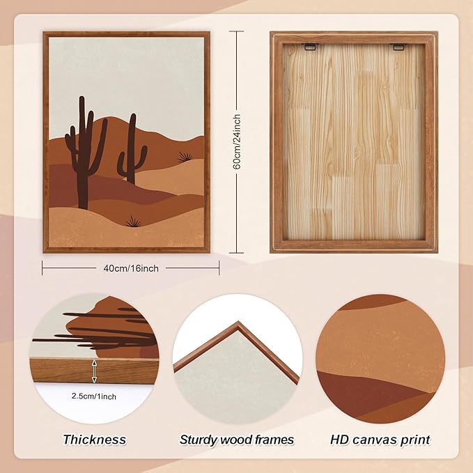 LHIUEM Boho Desert Framed Canvas Wall Art,Abstract Sun Moon Wall Decor,Modern Cactus Landscape Painting,Mid Century Southwestern Artwork for Living Room,Bedroom,Dining Room -16"x24"x3