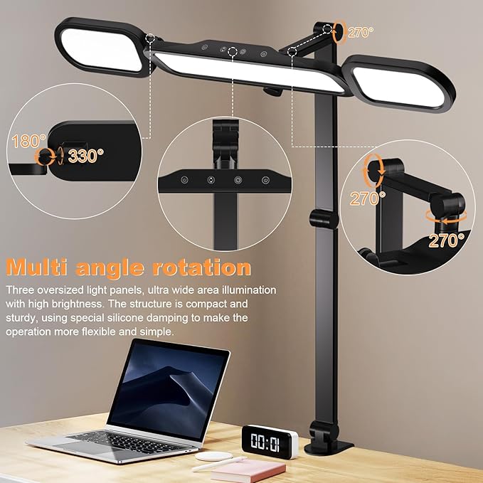 LED Desk Lamp with Clamp,Adjustable Swing Arm Desks Lamps for Home Office,Dimmable Tempering Eye Care Desk Light Bright Modern Led Table Lamp for Nail Tech Archite (3 Section Swing Arm)