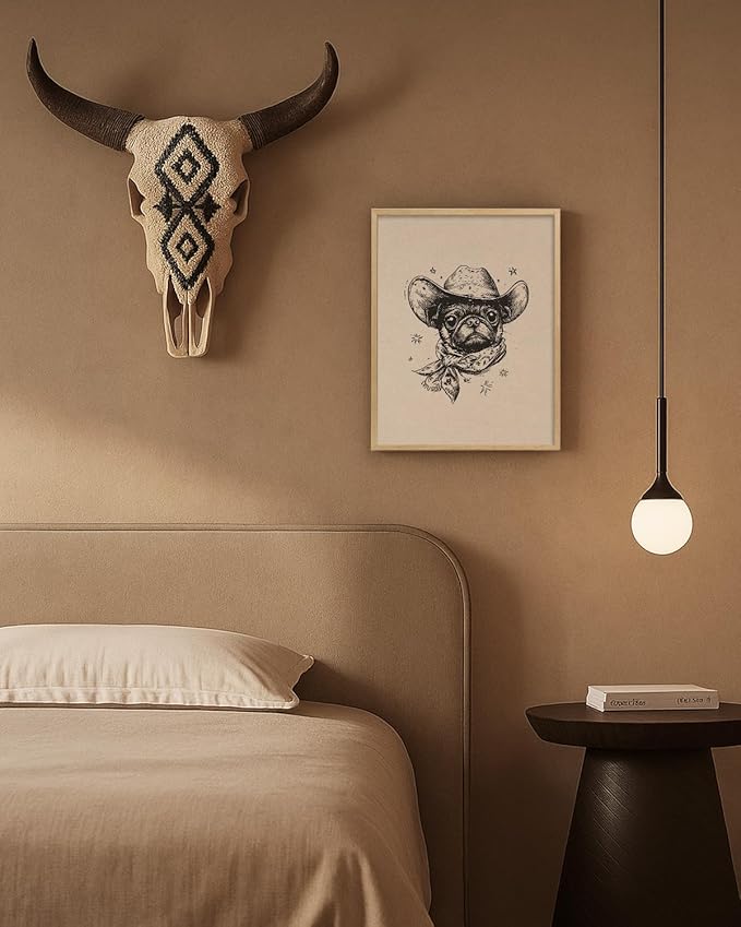 ARPEOTCY Small Framed Canvas Wall Art, 12x16in, Vintage Cowboy Dog Art, Western Room Wall Decor for Bedroom Office Nursery Shelf, Cowdog Artwork