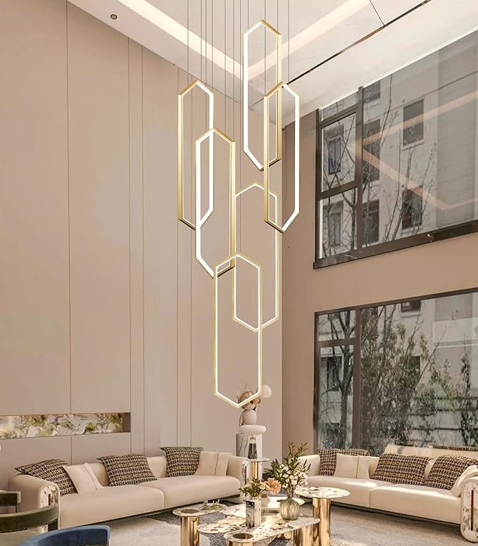 6-Rings Chandelier Modern, Gold Contemporary LED Light for Living Room Entrance, Dimmable Flush Mount High Ceiling Chandeliers with Remote Control for Villa Foyer