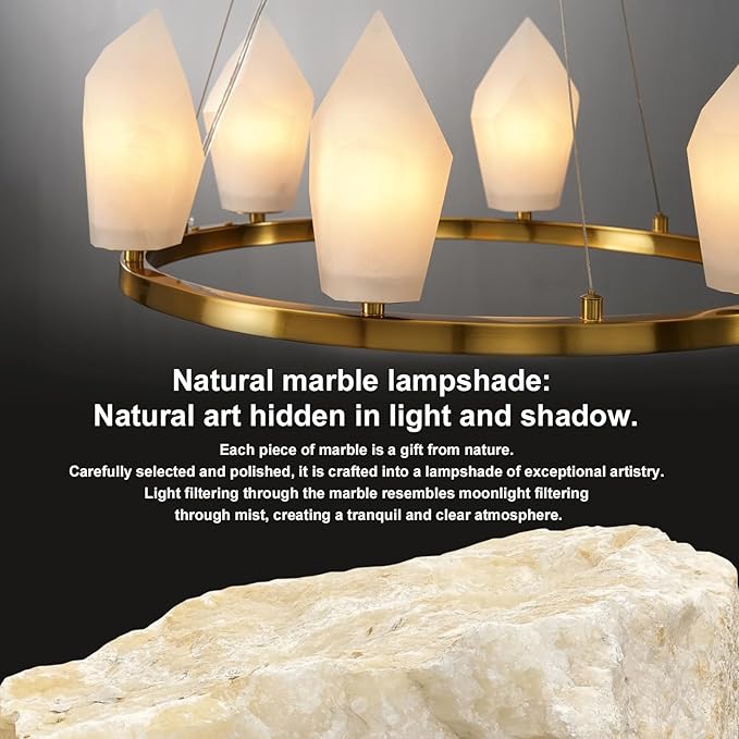 Alabaster Chandeliers, 23" 6-Light Modern Large Chandelier for Living Room with Bulb, Bedroom Wagon Wheel Chandelier, Round Gold Chandeliers for Entryway, Foyer Lighting Fixtures Hanging Light