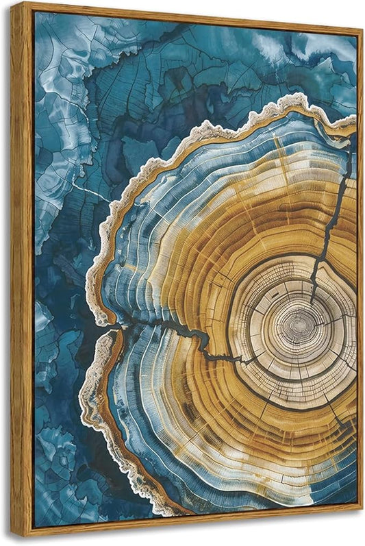 BingruiArt Framed Tree Ring Canvas Wall Art Abstract Wood Wall Decor Boho Modern Colorful Nature Painting Wood Stump Prints Pictures for Living Room Bedroom Bathroom Office 12"x16" Natural Framed(07)
