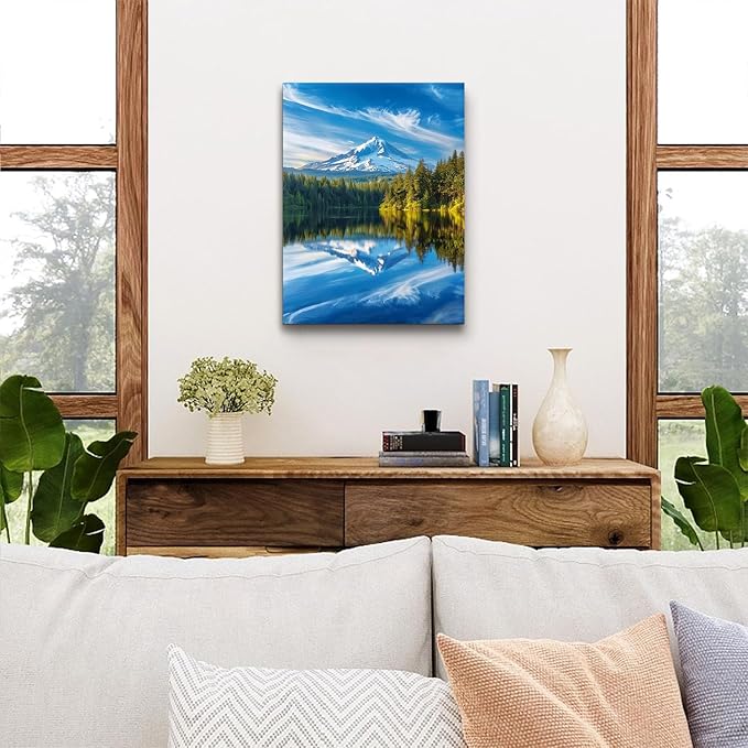 Mountain Wall Art National Park Posters Nature Forest Pictures Blue Lake Reflection Landscape Canvas Prints Mt Hood Mountains Scenery Painting Artwork for Bedroom Living Room Home Decorations 12x16"