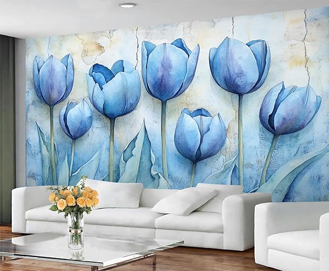 Blue Flowers Mural Wallpaper, Watercolor Flowers Murals, European Simple Wall Art Murals Wallpaper for Living Room Bedroom Home Decor Mural - 137.8" W x 124" H (Not Peel Stick)