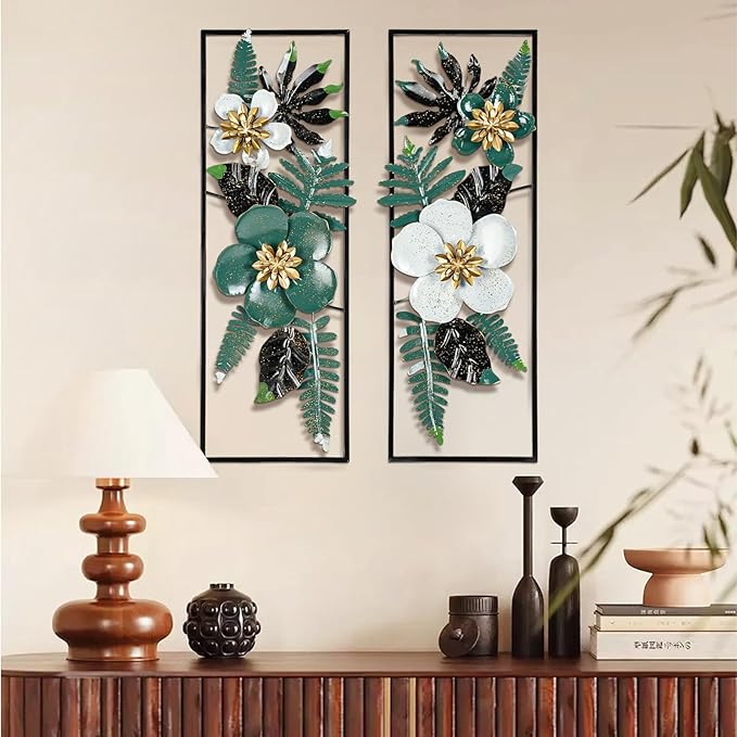 Metal 3D Wall Art Decor 2 Pcs 34" x 15" Wall Decor Handmade Green Leaf Flower Hanging Home Decor with Frame Wall Sculptures Modern for Living Room, Bedroom, Dining Room, Office and Hotel Large