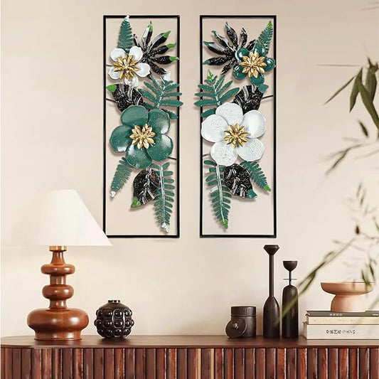Metal 3D Wall Art Decor 2 Pcs 34" x 15" Wall Decor Handmade Green Leaf Flower Hanging Home Decor with Frame Wall Sculptures Modern for Living Room, Bedroom, Dining Room, Office and Hotel Large