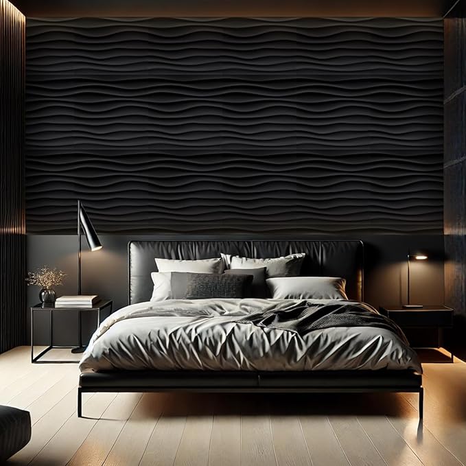 Chunful 30 Pcs 28.81 Sq ft 3D Wall Panels PVC Wave Design,11.8" x 11.8" Wall Panels Brick Wallpaper Waterproof for Interior Living Room Bedroom Decor(Black)