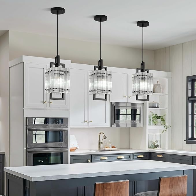 Modern Pendant Light Fixtures with Clear Glass Matte Black Pendant Lights Kitchen Island Adjustable Square Hanging Pendant Lighting for Dining Room Over Sink Hallway 2 Pack 12 inches