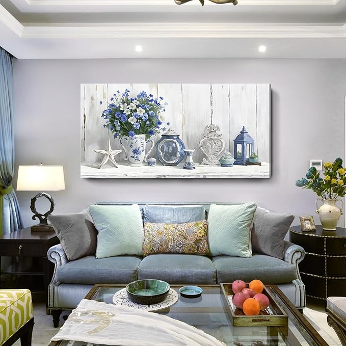 Nicetop Oversized Vintage Wall Art – Rustic Coastal Still Life Floral Canvas Print Country Farmhouse Cottagecore Shabby Chic Style Botanical Artwork Blue Picture for Large Living Room Kitchen 58x29Inch