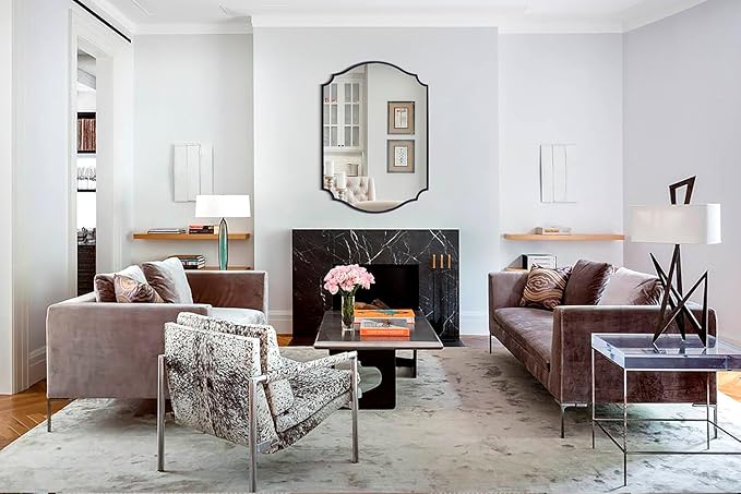 Chende Black Decorative Mirror, 32'' X 24'' Bathroom Mirror for Vanity Sink with Elegant Metal Frame, Modern Scalloped Mirror for Living Room, Mantel, Entryway, Dining Room