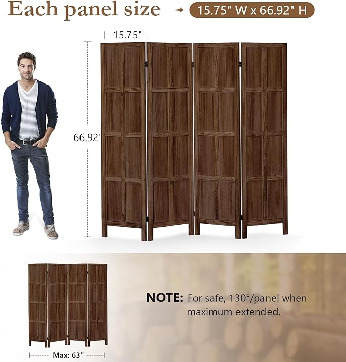 4 Panel Room Divider, 5.6Ft Wood Room Dividers and Folding Privacy Screens, Room Divider Wall Freestanding Room Partitions, Room Dividers Screen for Home Office Restaurant Bedroom, Dark Brown
