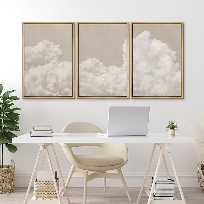 MUDECOR Framed Wall Art Print Set Serene Sky Filled with Fluffy Clouds Illustrations Modern Art Decorative Colorful Chic for Living Room, Bedroom, Office - 16"x24"x3 Natural