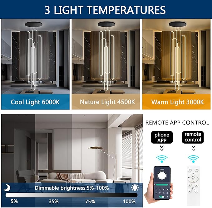 6 Rings Modern Large Chandelier for Staircase High Ceiling Chandelier LED Dimmable Black Chandeliers for Foyer Living Room Villa Black