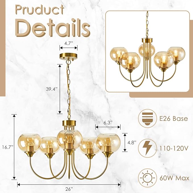 Mid Century Modern Globe Chandelier 5 Light Amber Glass Vintage Sputnik Chandeliers Gold Pendant Light Fixtures for Dining Room Kitchen Living Room Bedroom