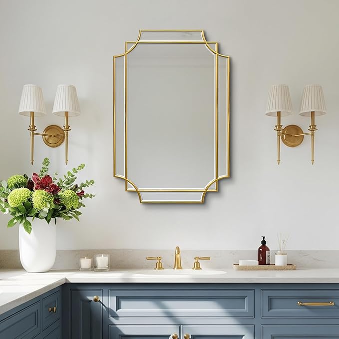20x30 inch Beveled Gold Mirror for Wall, Gold Traditional Art Decorative Mirror Home Decor for Bathroom Living Room Bedroom Kitchen Entrance