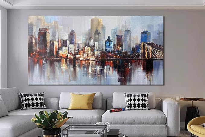 Arjun Brooklyn Bridge Wall Art for Living Room, Modern New York City Abstract Cityscape Canvas Painting, NYC Skyline Textured Picture Bedroom Artwork Home Office Wall Decor Extra Large Framed 58"x29"