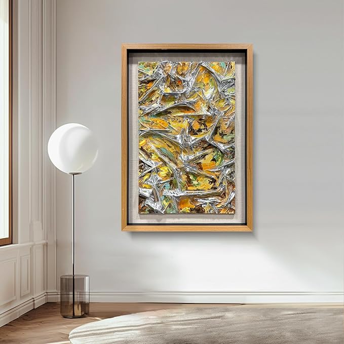 BrightA Textured silver leather abstract art - vibrant spray-painted fluid colors (yellow/orange/green) with solid wood frames, modern wall sculptures, contemporary living room 39.4"x59"