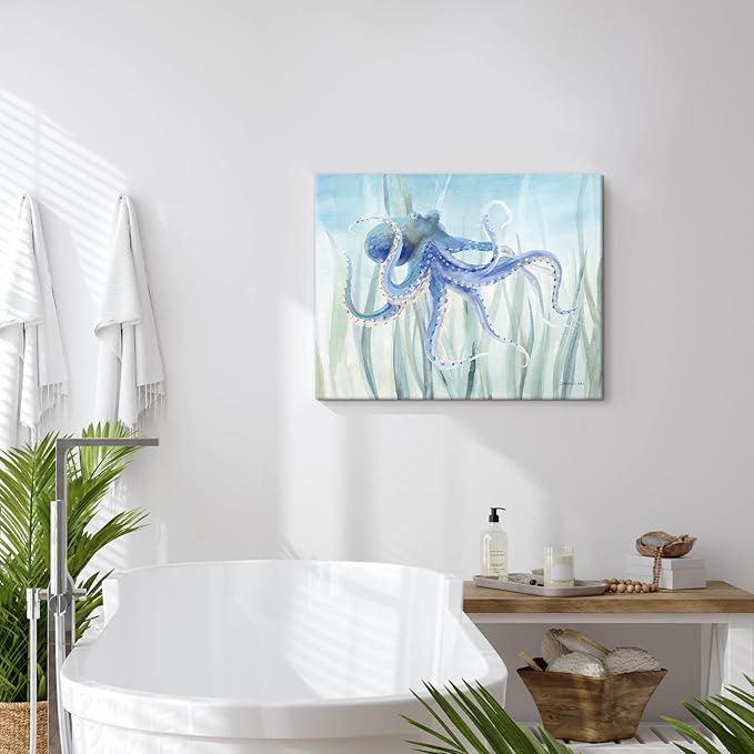 Ocean Wall Decor Under The Sea Blue Octopus Canvas Wall Art for Bathroom Coastal Decor for Home Nautical Prints for Bedroom Bathroom Livingroom16x12Inch