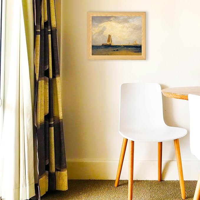 Brivoria Framed Canvas Wall Art Vintage Decor, Romantic Coastal Scene with Sailing Vessel Golden Sky Sunlit Tide and Shore Birds for Hallway Dining Room or Nautical Wall Decoration, 13"x16"