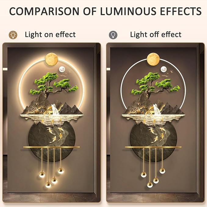 3D Art Wall Decor, Wall Sculptures Hanging Painting Koi Fish Welcoming Pine Wall Art Decoration Lamp,Oriental Decor Traditional Chinese Feng Shui Wall Hanging Painting,Wireless Remote Control