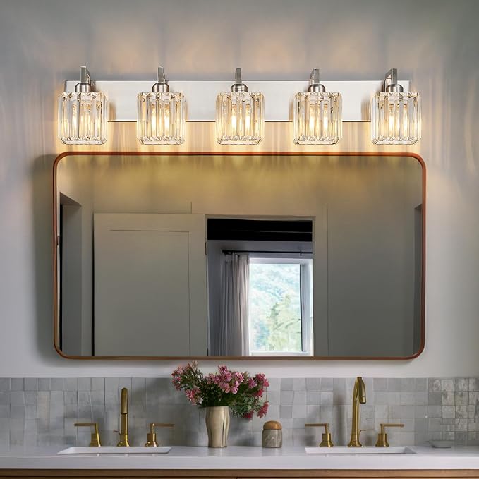 Modern Bathroom Vanity Light 5-Lights Brushed Nickel Vanity Light Crystal Wall Light Bathroom Light Fixtures