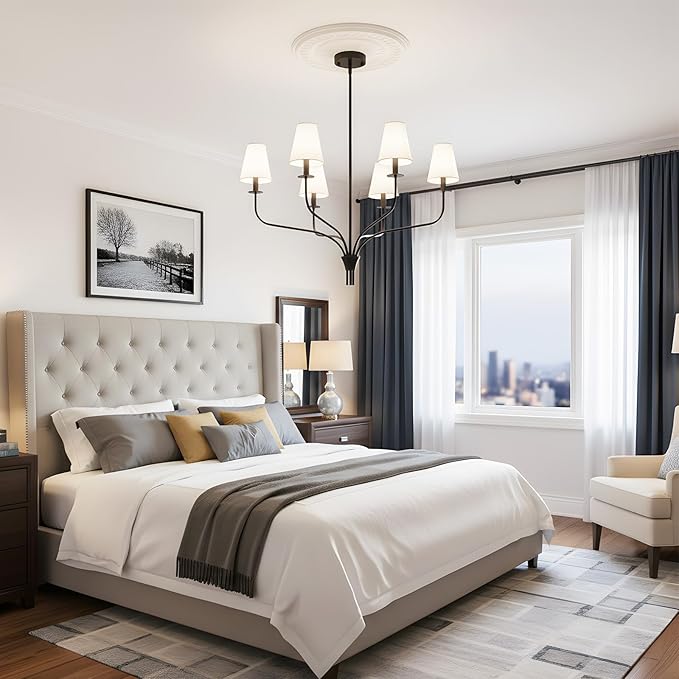 30" Modern Black Chandelier for Dining Room - 6-Light Pendant Lighting Fixture with White Fabric Shade, Mid Century Ceiling Light for Living Room Bedroom Kitchen Island, E12