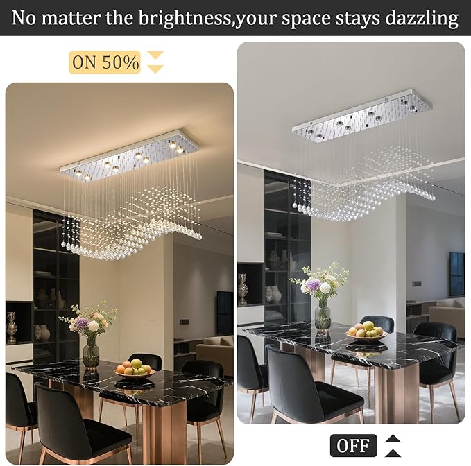 Modern Rectangle Crystal Raindrop Chandelier: 39.4" Chrome Dimmable 3 Color Led Chandeliers with Remote - Contemporary Wave Flush Mount Ceiling Light for Kitchen Island Dining Room Living Room Foyer