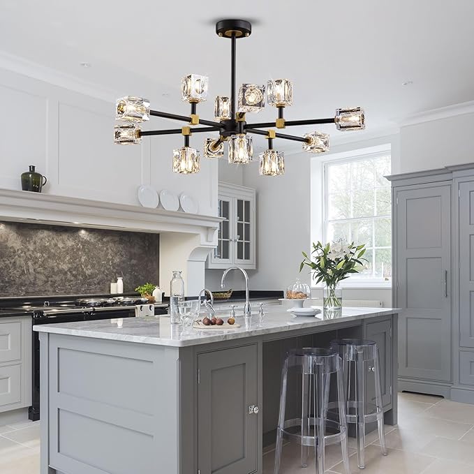 Black Crsytal Chandelier,Sputnik Chandeliers with 12-Lights,Modern Adjustable Height Semi Flush Mount Ceiling Light Fixture for Dining Room,Kitchen Island,Living Room,Bedroom