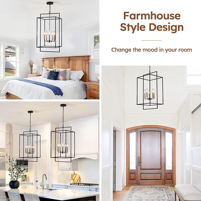 14" Black Chandelier, 5-Light Black Brushed Nickel Farmhouse Light Fixtures, Modern Rustic Hanging Lights, Industrial Kitchen Pendant Lighting Over Island for Dining Room Kitchen Foyer Hallway