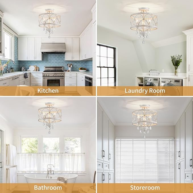 Crystal Ceiling Light Fixture, Modern Small Chandelier Light Fixture, Farmhouse White Semi Flush Mount Ceiling Light, Round Hallway Lighting Fixtures for Bedroom Entryway Dining Room Living Room