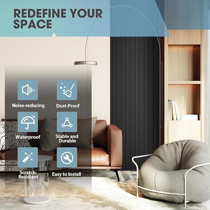 OUZUGIE WPC Acoustic Slat Wall Paneling, 8-Pack 114 x 6 Inches 3D Wall Panels for Interior Wall Decor,Living Room,TV Background,Study Room,Office Spaces,Bedroom,High Grille (Black)