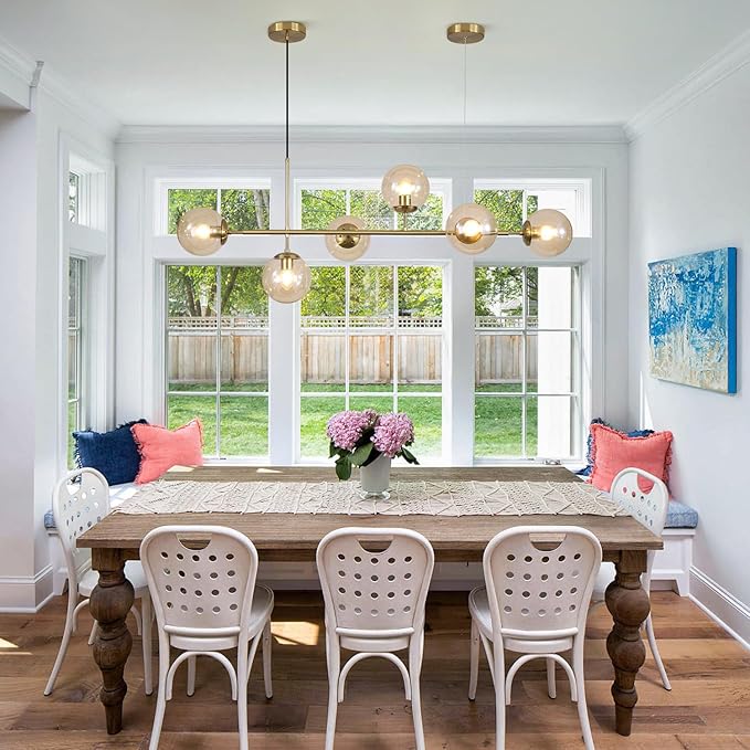 KCO Lighting Globe Linear Chandelier 6 Light Amber Glass Pendant Light Fixture Gold Kitchen Island Lighting Long Brass Sputnik Chandelier Dining Room Light Fixtures Over Table