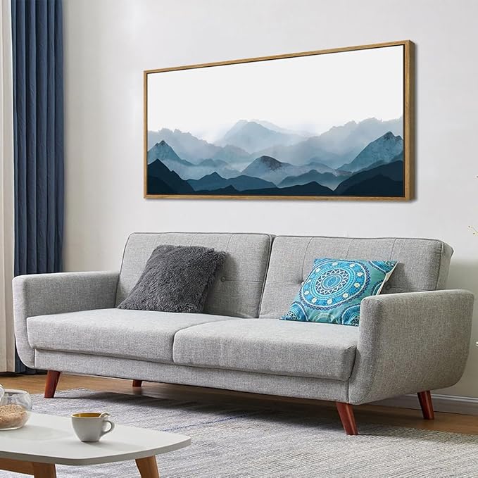 BINCUE Blue Framed Mountain Landscape Wall Art Fog Mountain Painting Wall Decor for Bedroom Living Room Office Decor 40" Lx20 W