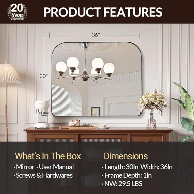 ANDY STAR Chrome Arched Mantel Large Wall Mirror, 30x36 Polished Nickel Stainless Steel Framed Arch Mirror Wall-Mounted for Wall Decor Living Room, Bathroom, Bedroom, Entryway & Fireplace Mantel