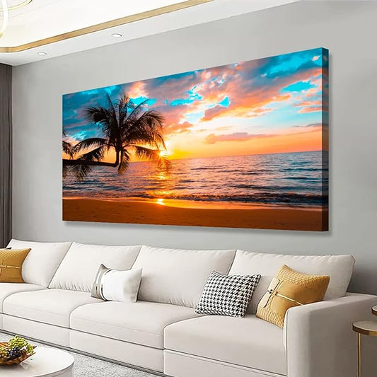 Beach Sunset Pictures Canvas Wall Art For Living Room Bedroom Wall Decor,Sunset Wall Art Print Paitnings For Home Decor,Morden Artwork Palm Cloud Canvas Art Waterproof Ready To Hang-24x48 Inches