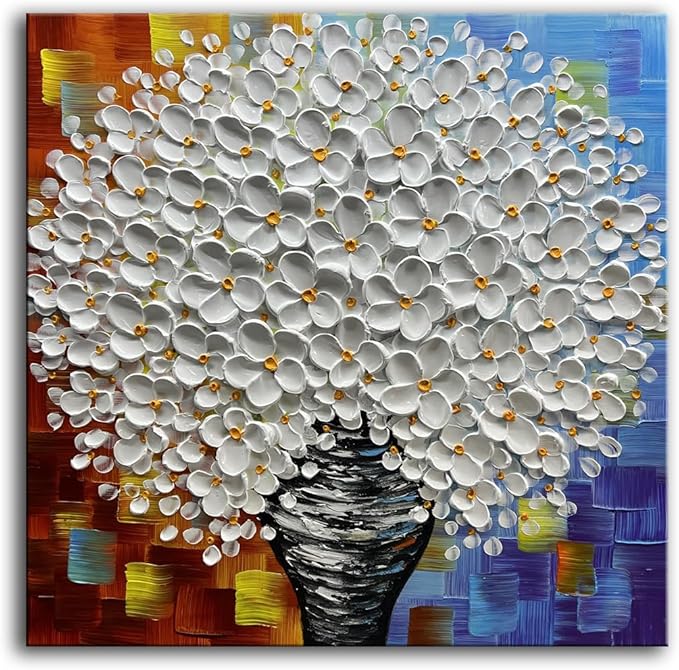 3D White Flower Bouquet Canvas Wall Art, Modern Textured Painting, Colorful Abstract Background, 30x30 inches