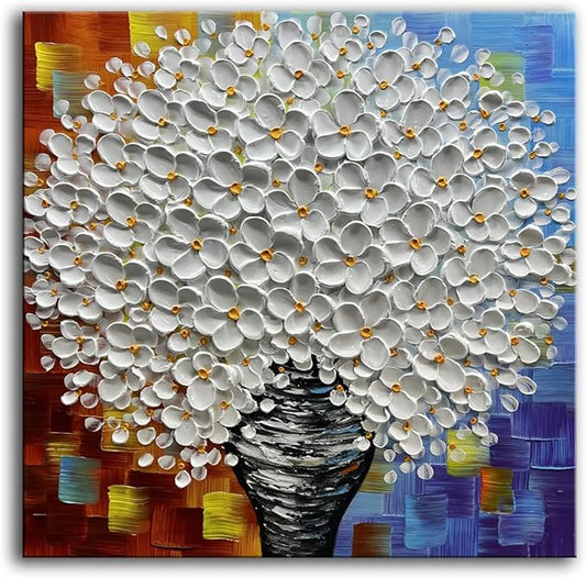 3D White Flower Bouquet Canvas Wall Art, Modern Textured Painting, Colorful Abstract Background, 30x30 inches