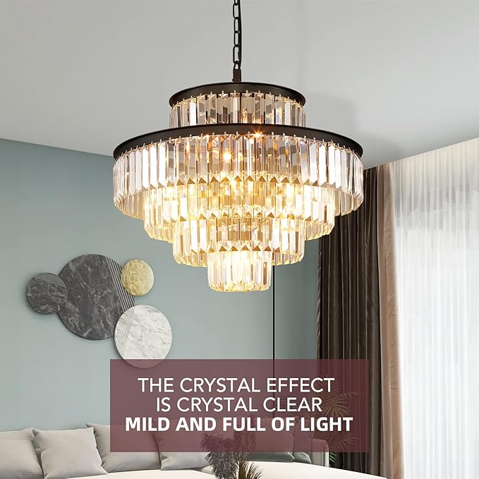 24" Oil Brown Crystal Chandelier, Modern 5-Tier Ceiling Light with Clear Crystal Prisms, Luxury Pendant Lighting for Dining Room Entryway