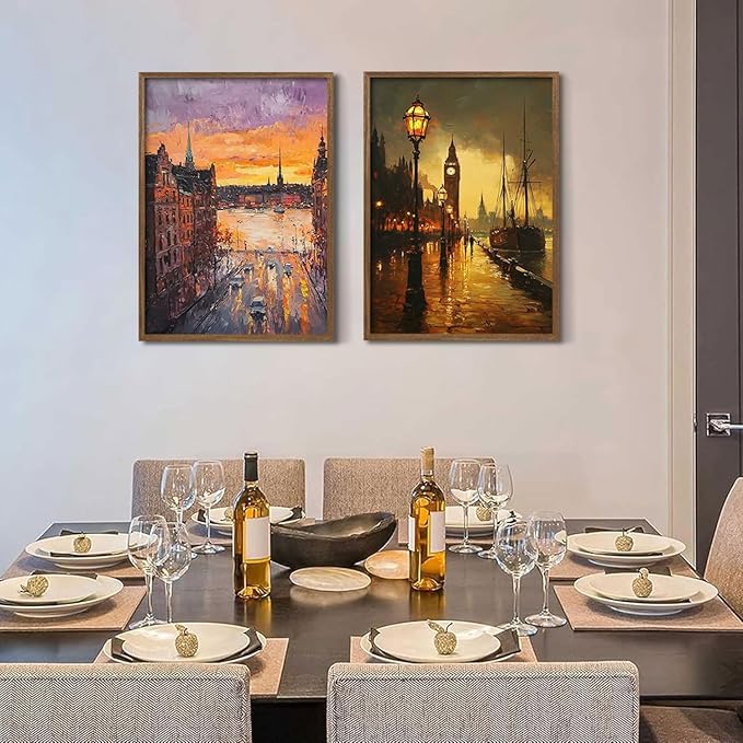 2Pcs Wood Framed Oil Painting Landscape Wall Art Vintage City Canvas Print Dusk Scenery Poster Decorative Painting European Street Scene Picture Living Room Study Gallery Decor 12x16 Inch