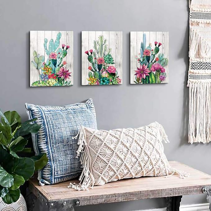 3 Piece Framed Wall Art Watercolor Tropical Plant Desert Cactus Canvas Print for Bedroom Bathroom Spiny Flower Artwork Home Office Wall Decoration 16x24 3 panels Decor