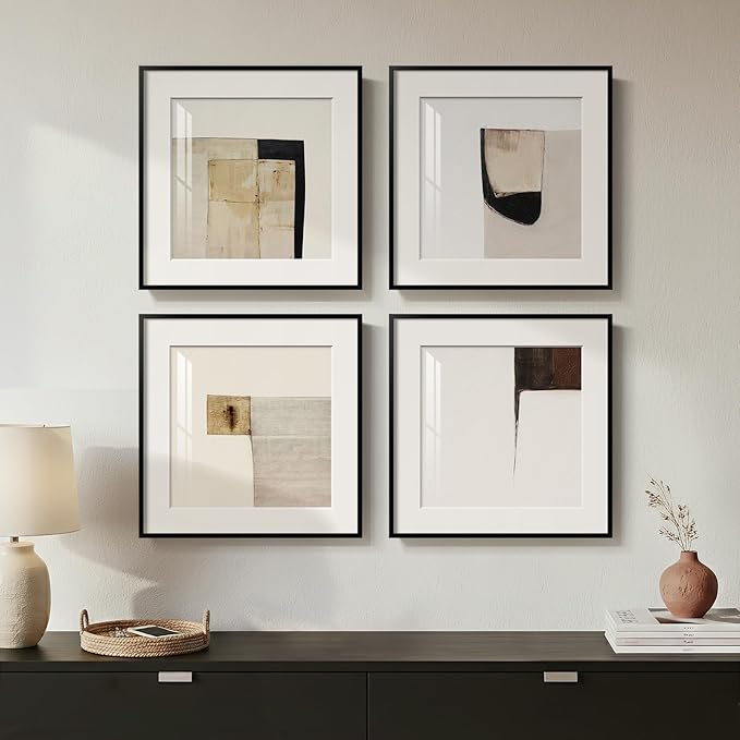 4 Piece Framed Neutral Abstract Wall Art Set, Tan and Black Geometric Modern Pictures Prints, Minimalist Luxury Paintings Artwork for Bedroom, Bathroom, Hallway and Living Room 12x12 Inch