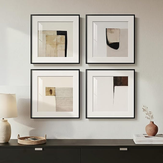 4 Piece Framed Neutral Abstract Wall Art Set, Tan and Black Geometric Modern Pictures Prints, Minimalist Luxury Paintings Artwork for Bedroom, Bathroom, Hallway and Living Room 12x12 Inch