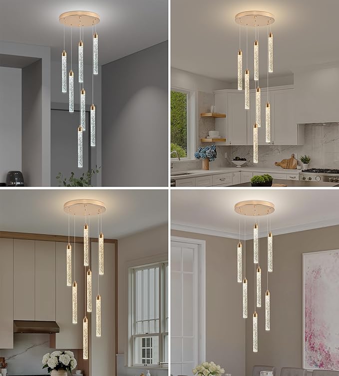 7-Light High Ceiling Crystal Staircase Chandelier Gold, Modern Spiral Raindrop Dimmable LED Bubble Cluster Ceiling Hanging Lighting Fixture for Foyer Living Room Entrance Remote Control