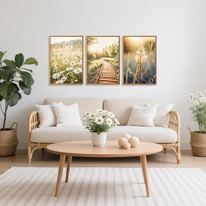 CHDITB Vintage Daisy Field Path Framed Canvas Wall Art Set, Nature Landscape Wall Decor, Nordic Wildflowers Wall Painting, Daisies Floral Art Prints for Living Room Bedroom Office-Size 16"x24"x3