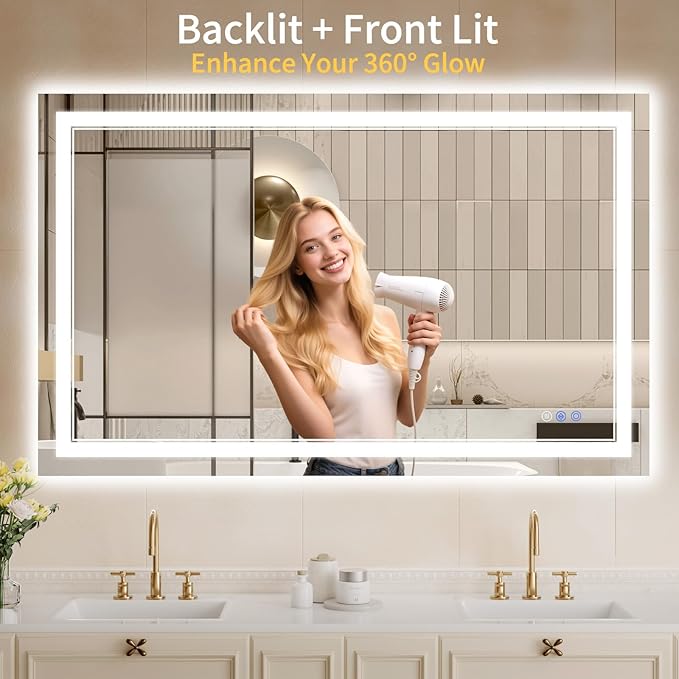 30"x48" LED Bathroom Mirror with Lights, Anti-Fog, Backlit + Front Lit, Dimmable, Led Vanity Mirror for Wall, Lighted Bathroom Mirror, 3 Colors, Shatter-Proof Tempered Glass